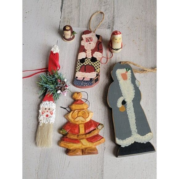 Santa Claus paint brush rustic wooden variety ornament Xmas set - Picture 2 of 12